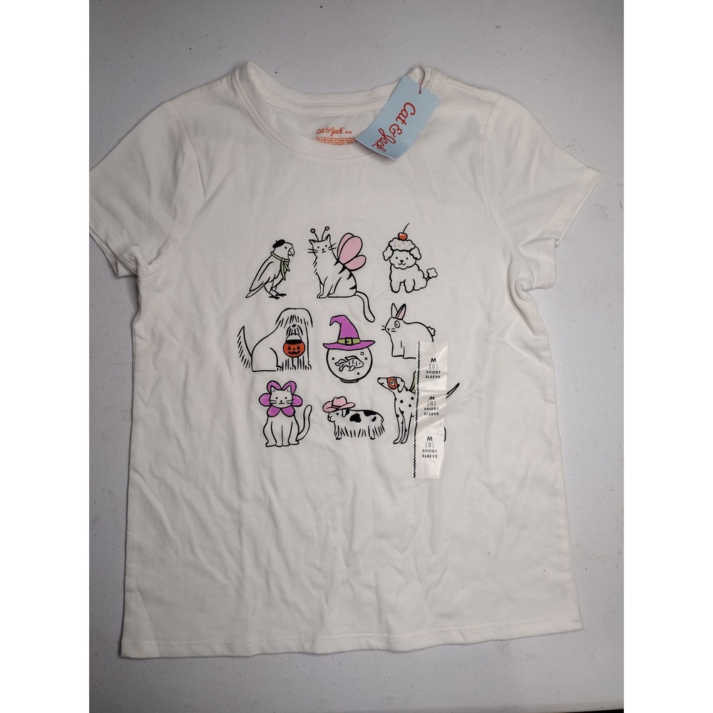 Cat Jack Kids Girls White Short Sleeve T-Shirt Graphic Print Size M 8‎